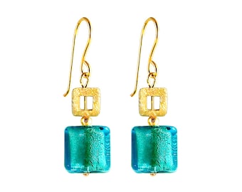 Murano Glass Square Bead Earrings 'Quadrettino di Oro’ Peridot by Mystery of Venice, Murano Glass Earrings, Murano Glass Jewelry, Minimalist