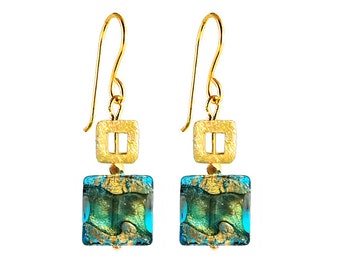 Murano Glass Square Bead Earrings 'Quadretti di Oro’ by Mystery of Venice, Murano Glass Earrings, Murano Glass Jewelry, Minimalist Earrings,