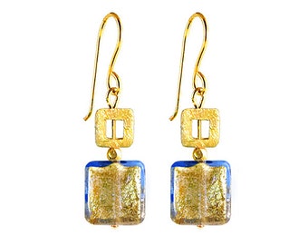 Orecchini con perle quadrate in vetro di Murano 'Quadrettino di Oro' azzurro di Mystery of Venice, orecchini in vetro di Murano, gioielli in vetro di Murano