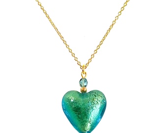 Collana cuore in vetro di Murano di Mystery of Venice, cuore in vetro di Murano, collana in vetro di Murano, cuore in vetro, gioielli in vetro di Murano, cuore verde acqua