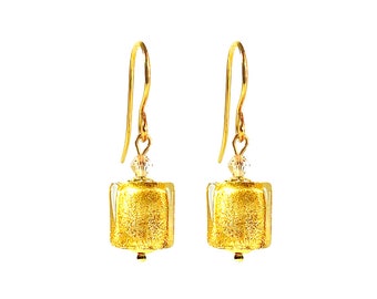 Murano Glass Earrings by Mystery of Venice ’Summer Gold', Murano Glass Earrings, Murano Glass Jewelry, Glass Jewelry, Gold Cube Earrrings