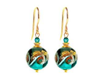 Orecchini in vetro di Murano di Mystery of Venice 'Ondina' verde acqua e oro, orecchini in vetro di Murano, gioielli in vetro di Murano, gioielli in vetro di Murano