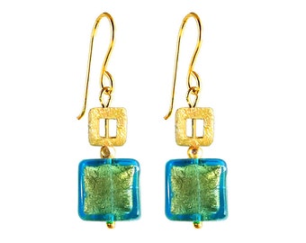 Murano Glass Square Bead Earrings 'Quadrettino di Oro’ Teal by Mystery of Venice, Murano Glass Earrings, Murano Glass Jewelry, Minimalist
