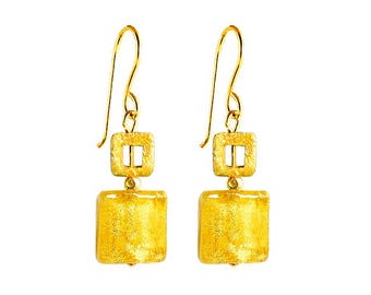 Murano Glass Square Bead Earrings 'Quadrettino di Oro’ Gold Glass by Mystery of Venice, Murano Glass Earrings, Murano Glass Jewelry