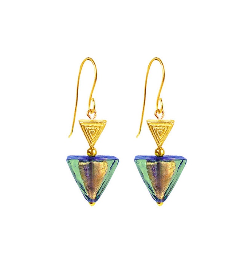 Murano Glass Pyramid Earrings Venetian Pyramid' by Mystery of Venice, Murano Glass Earrings, Murano Glass Jewelry, Venetian Glass Earrings Light Blue/Gold