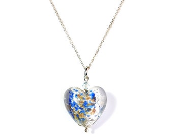 Murano Glass Small Heart Silver with Blue Specks by Mystery of Venice, Murano Glass Heart, Murano Glass Necklace, Glass Heart, Murano Glass