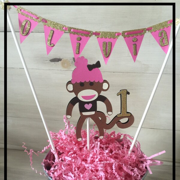 First Birthday Cake Topper, Birthday Cake Banner, Custom Name Cake Topper, Monkey Cake Topper, Personalized Cake Topper