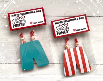Personalized Kids Valentines Cards: Smarty Pants Candy Holder, Classroom Party Favors, Valentine Treat Bag Topper, Set of 6