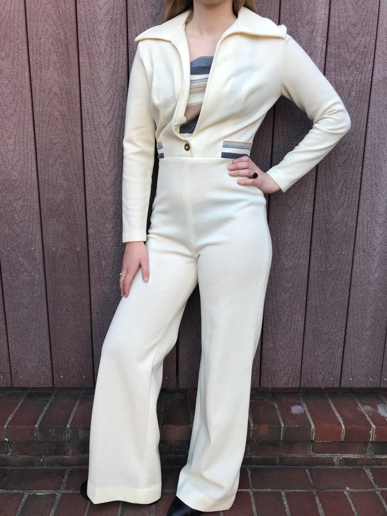 Vintage 60s 70s Wool Jumpsuit Wing Tip Collar Charlies Angels Etsy