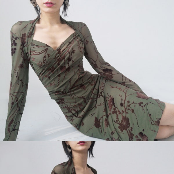 crush velvet print see through sheer mesh ruched corset clingy olive moss dark green midi dress floral rose twig corset goth gothic emo burn