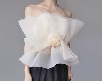bow tie tup statement bold avant garde flower rose veil bondage corset tube top ivory cream ecru deconstructed smocking artisanal cocktail