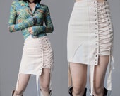 Bondage lingerie corset sheath tight skirt ercu linen cream cotton pin up clingy mini lace up metal buckle garter shapewear underwear nude