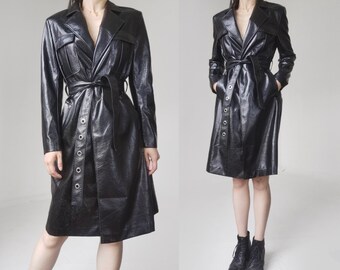 patent leather trench coat belted metallic iridescent shiny grunge mod minimal cyber Y2K classic industrial