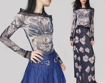 black tattoo buddha print off shoulder mesh crop top long sleeve flare see through slinky bodycon club kids graffiti digital mod darkness