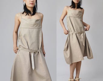 Costume National Y2k Baby spice club kids khaki deconstructed cotton minimal spaghetti tank dress 90s grunge avant garde ecru Size L 42 silk