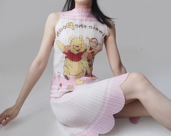 Pastel Pink Cartoon Print Pleated Skirt Set: Y2K Sleeveless Tank Dress pleats please