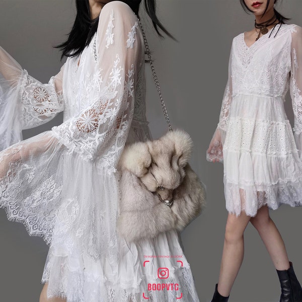 lace patched hollow out deconstructed fringe eyelash eyelet white cream flare flounce sleeve summer slip swing layer dress patchwork wedding