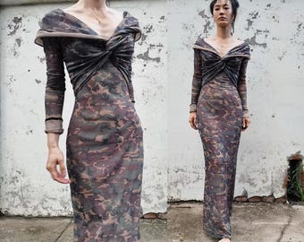Jean Paul gaultier camouflage olive green mesh dress Sz L
