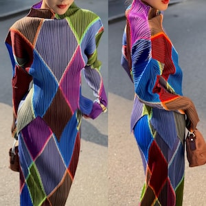 issey miyake pleats please colorful diamond long sleeve maxi skirt dresss set pp color block
