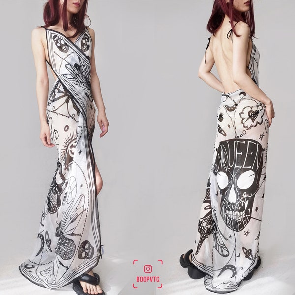 Alexander Mcqueen silk scarf remade dress goth maxi flowy see through wrap skull witch digital print black sheer tie up backless bikini slip