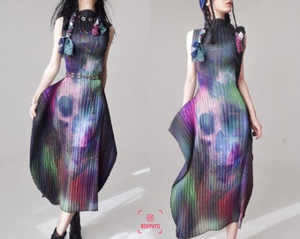 Deconstructed pannier avant garde gradient skull galaxy cyber goth darkness maxi swing dress pleated flowy prom gown grunge wrinkle purple