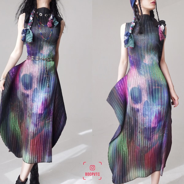 Deconstructed pannier avant garde gradient skull galaxy cyber goth darkness maxi swing dress pleated flowy prom gown grunge wrinkle purple