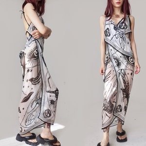 Alexander Mcqueen silk scarf remade dress goth maxi flowy see through wrap skull witch digital print black sheer tie up backless bikini slip image 5