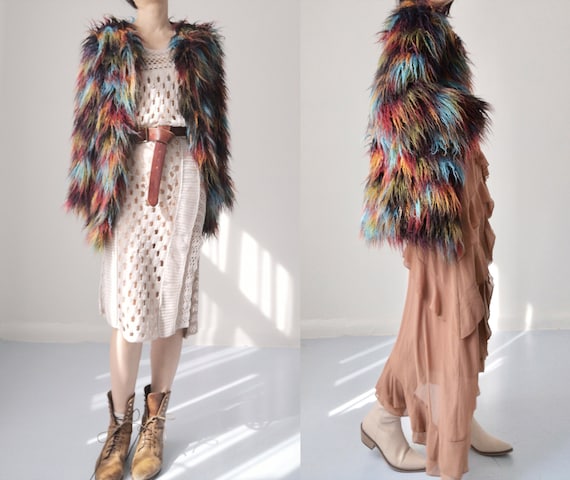 Faux fur colorful brown blue red green patched lo… - image 10