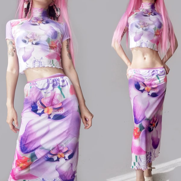 purple pink mesh 2 piece set short sleeve dress high waist skirts digital vaporwave cyber Y2k baby spice sheer semi see through grunge