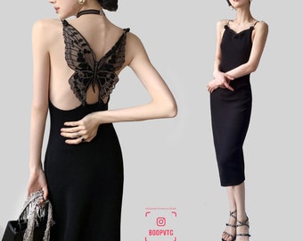 Knit spaghetti strap slinky avant garde feminine sexy artsy artist slip little black dress lbd hollow lace backless butterfly embroidery v