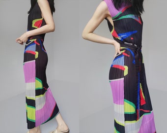 Issey Miyake Pleats Please color block black maxi digital print tank slip dress