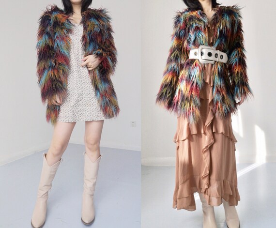 Faux fur colorful brown blue red green patched lo… - image 7