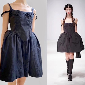 Black taffeta corset gothic bustle spaghetti strap Crinoline Panniers Pouf Skirt rockabilly tulle ballet lbd crease deconstructed prom ghost