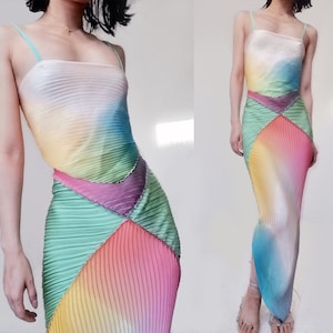 spaghetti strap ruched maxi slip patched pastel rainbow gradient dreamy Y2K sea foam pink mod shiny silk remade macaroon print abstract gown