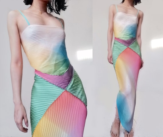 Spaghetti Strap Ruched Maxi Slip Patched Pastel Rainbow Gradient Dreamy Y2K Sea Foam Pink Mod Shiny Silk Remade Macaroon Print Abstract Gown Etsy UK