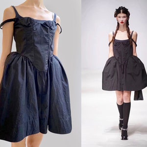 Black taffeta corset gothic bustle spaghetti strap Crinoline Panniers Pouf Skirt rockabilly tulle ballet lbd crease deconstructed prom ghost