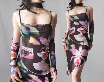 Ensemble nuisette spaghetti en résille imprimée florale abstraite floue Jean Paul Gaultier, 3 pièces