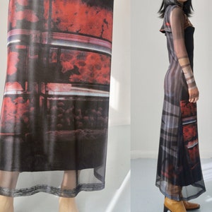 Abstract art print oil artsy avant garde ooak burgundy brown black red spaghetti metal chain strap maxi see through mesh sheer Vivienne riot image 5