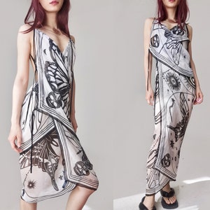 Alexander Mcqueen silk scarf remade dress goth maxi flowy see through wrap skull witch digital print black sheer tie up backless bikini slip image 6