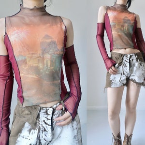 Remade city firework print Art digital electric off bare shoulder mockneck see through cyber punk long sleeve tattoo tee crop op slinky Y2K