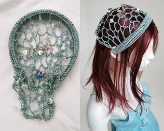 Knit fish net hair accessories headband hair hoop woven beret 90s hippie shell conch rhinestone beaded club kids mod