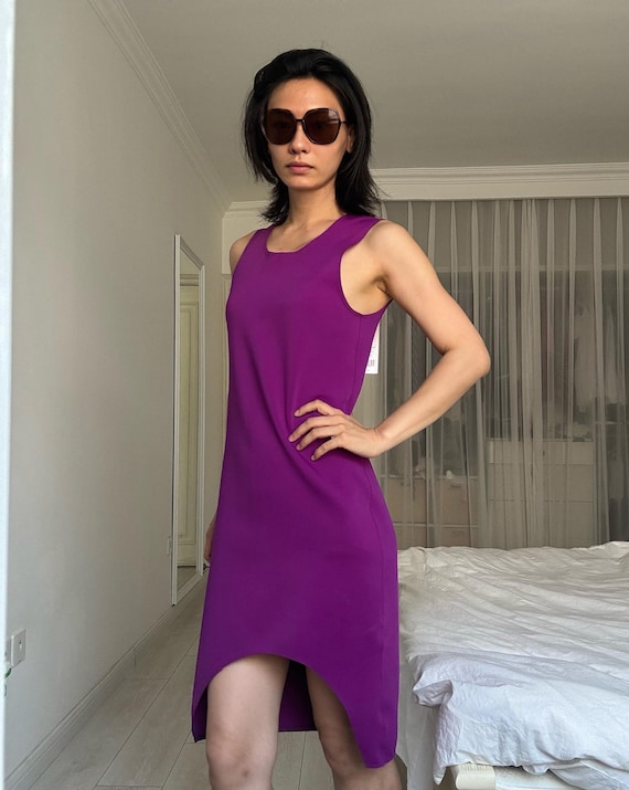 helmut lang purple dress Helmut Lang asymetric tank minimal smple classic dress purple stretchy  violet futuristic