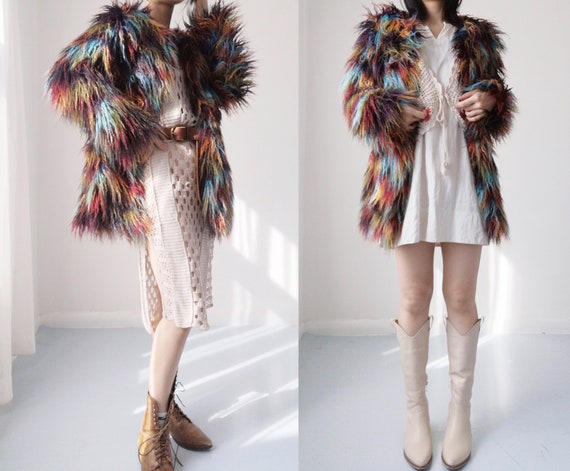 Faux fur colorful brown blue red green patched lo… - image 9