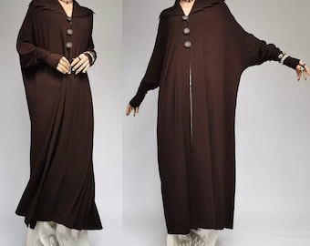 Marie Saint Pierre draped cape coat maxi cardigan witchy witch peter pan collar gothic brown kaftan ethereal ethnic drapery overisze robe
