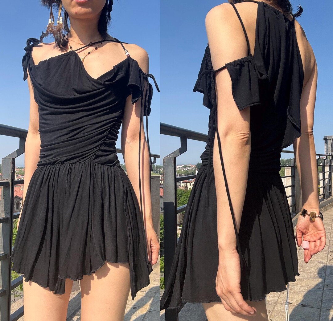 Black Deconstucted Sexy Strings Tie up Ruched Jersey Knit Dress ...