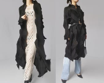 Issey Miyake pleats please black deconstructed duster robe trench coat
