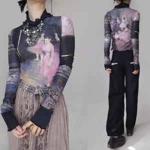 ballerina oil painting art print mesh knit crop top sheer see through grunge mod ruffle edge tattoo ooak patchwork 90s y2k black purple