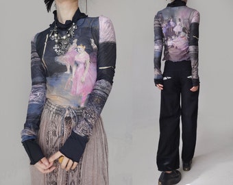 ballerina oil painting art print mesh knit crop top sheer see through grunge mod ruffle edge tattoo ooak patchwork 90s y2k black purple