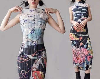 Harajuku Cartoon Print Maxi Dress: Pleated Viscose Gown
