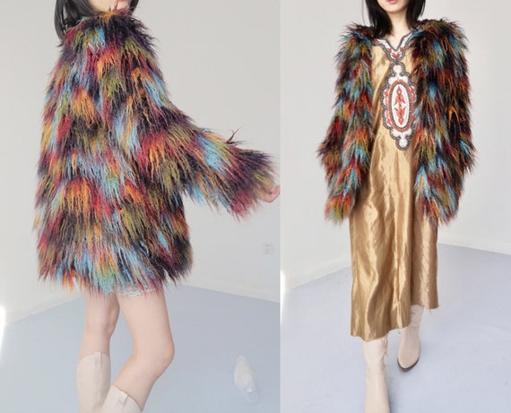 Faux fur colorful brown blue red green patched lo… - image 5